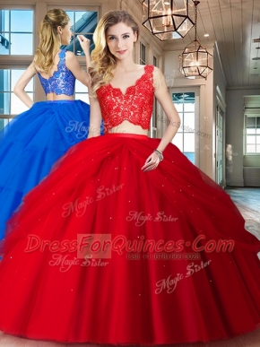 Best Selling Tulle V-neck Sleeveless Zipper Lace and Ruffled Layers 15th Birthday Dress in Red