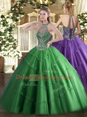 Traditional Green Tulle Lace Up Quince Ball Gowns Sleeveless Floor Length Beading