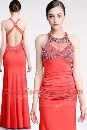 Pretty Watermelon Red Scoop Neckline Beading Prom Evening Gown Sleeveless Criss Cross