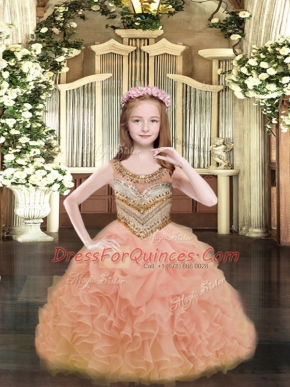 Wonderful Sleeveless Organza Floor Length Lace Up Custom Made Pageant Dress in Orange with Beading and Ruffles and Pick Ups
