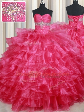 Organza Sweetheart Sleeveless Lace Up Ruffled Layers Sweet 16 Quinceanera Dress in Coral Red