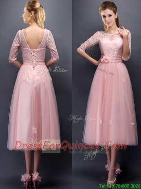 Comfortable Scoop Half Sleeves Prom Dresses with Hand Made Flowers and Appliques