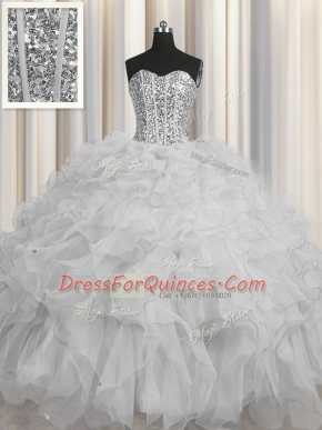 Luxury Visible Boning Floor Length Grey Sweet 16 Dresses Tulle Sleeveless Beading and Ruffles and Sequins