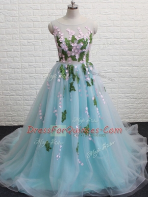 Attractive Aqua Blue Scoop Backless Appliques Prom Evening Gown Brush Train Sleeveless