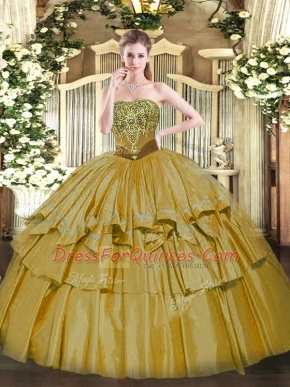Dazzling Brown Sleeveless Organza and Taffeta Lace Up Quinceanera Dresses for Military Ball and Sweet 16 and Quinceanera