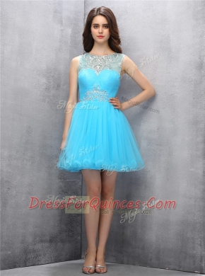 Sophisticated Blue A-line Tulle Scoop Sleeveless Beading Mini Length Zipper Prom Evening Gown