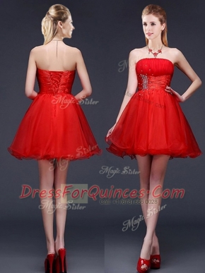 Mini Length Lace Up Dama Dress for Quinceanera Red for Prom and Party with Beading and Ruching and Belt