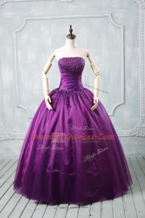 Discount Strapless Sleeveless Lace Up Quinceanera Gown Purple Organza