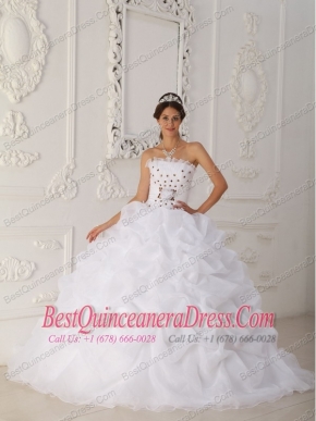 White Ball Gown Strapless Court Train Organza Beading and Hand Flower Quinceanera Dress