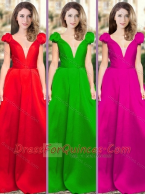 Classical Deep V Neckline Satin Prom Dress with Cap Sleeves