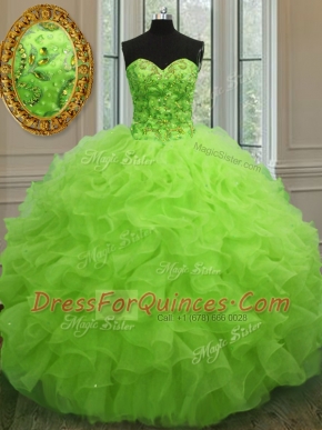 Floor Length Yellow Green Ball Gown Prom Dress Organza Sleeveless Beading and Ruffles