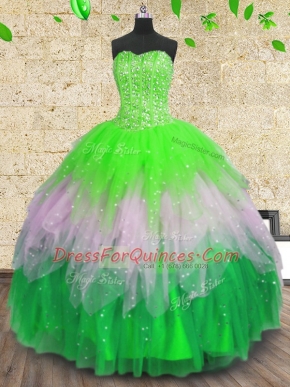 Multi-color Sleeveless Beading and Ruffles and Sequins Floor Length Sweet 16 Quinceanera Dress