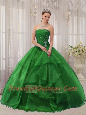 Exquisite Green Ball Gown Strapless With Organza Beading For Discount Quinceanera Dress