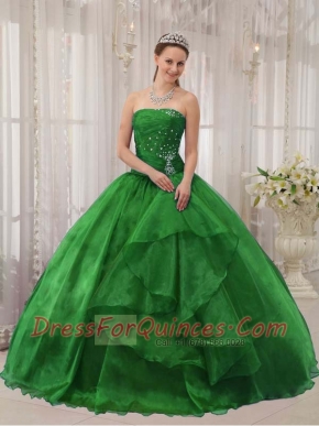 Exquisite Green Ball Gown Strapless With Organza Beading For Discount Quinceanera Dress