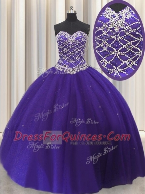 Sexy Purple Tulle Lace Up Vestidos de Quinceanera Sleeveless Floor Length Beading and Sequins