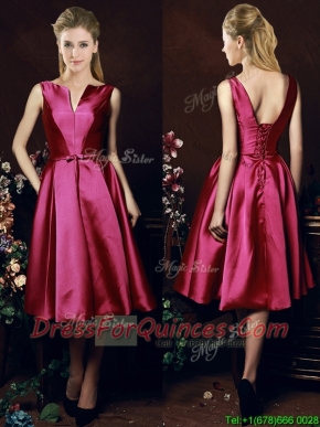 Popular V Neck Knee Length Bowknot Prom Dresses in Fuchsia