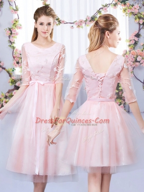 Baby Pink Tulle Lace Up Scoop Half Sleeves Tea Length Vestidos de Damas Lace and Belt