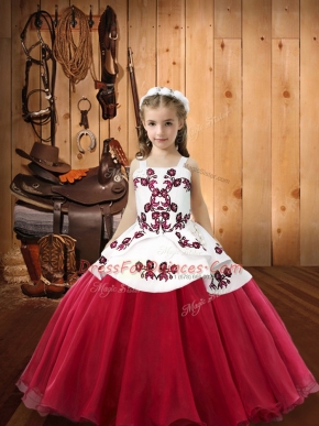 Coral Red Straps Lace Up Embroidery Little Girl Pageant Gowns Sleeveless