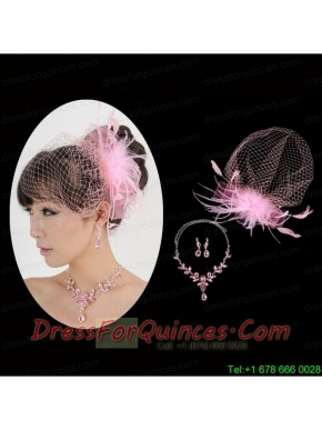 Pink Luxurious Rhinestone Ladies' Jewelry Set Including Necklace And Headpiece