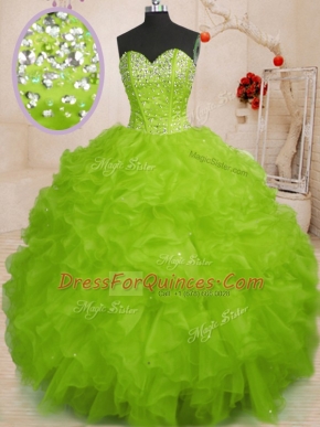 Flare Sweetheart Sleeveless Organza Vestidos de Quinceanera Beading and Ruffles Lace Up