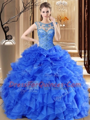 Scoop Royal Blue Lace Up 15 Quinceanera Dress Beading and Ruffles Sleeveless Floor Length