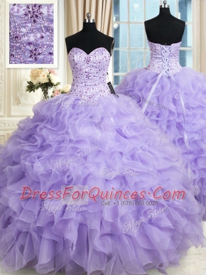 Deluxe Floor Length Lace Up 15th Birthday Dress Lavender for Military Ball and Sweet 16 and Quinceanera with Beading and Ruffles
