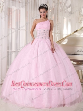 Baby Pink Ball Gown One Shoulder Floor-length Tulle Beading Sweet 16 Dress