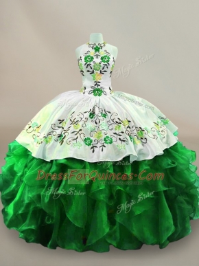 Sleeveless Organza Floor Length Lace Up Quince Ball Gowns in Green with Embroidery and Ruffles