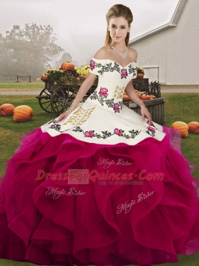 Noble Fuchsia Tulle Lace Up Off The Shoulder Sleeveless Floor Length Sweet 16 Quinceanera Dress Embroidery and Ruffles