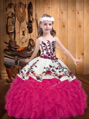 Hot Pink Ball Gowns Organza Straps Sleeveless Embroidery and Ruffles Floor Length Lace Up Kids Formal Wear