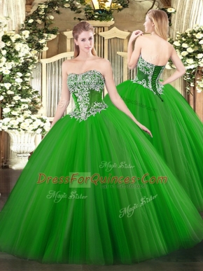 Sophisticated Sleeveless Tulle Floor Length Lace Up Quince Ball Gowns in Green with Beading