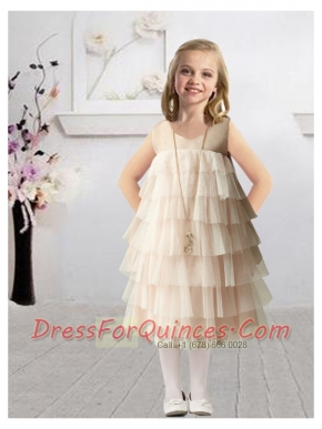 Romantic Champagne Empire Bateau Flower Girl Dress with Ruffles Layers for 2014