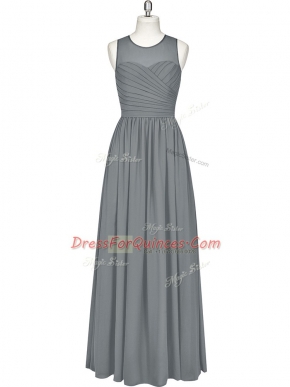 Excellent Grey Chiffon Zipper Scoop Sleeveless Floor Length Evening Dress Ruching