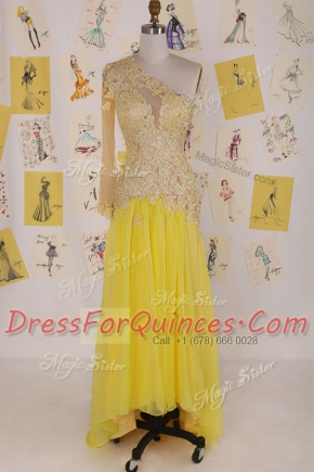 New Style One Shoulder High Low Side Zipper Prom Party Dress Yellow for Prom and Party with Appliques