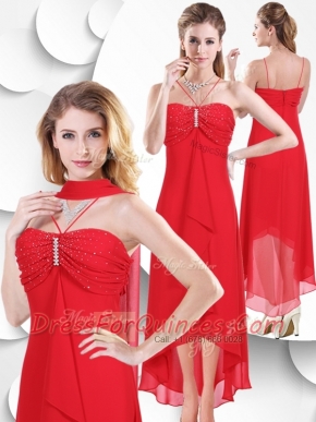 Best Spaghetti Straps High Low Red 2016 Dama  Dress with Beading