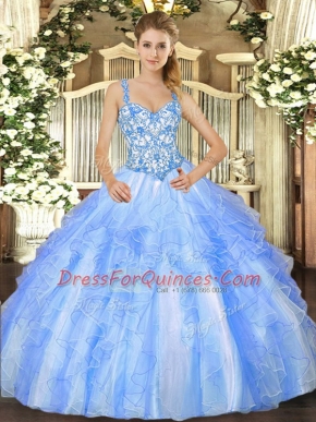 Organza Straps Sleeveless Lace Up Beading and Ruffles Vestidos de Quinceanera in Blue And White