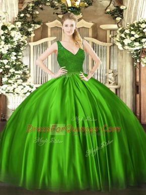 Green Backless Quince Ball Gowns Beading and Lace Sleeveless Floor Length