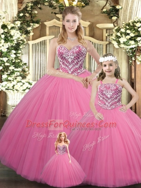 Great Rose Pink Sweetheart Neckline Beading Quinceanera Dress Sleeveless Lace Up