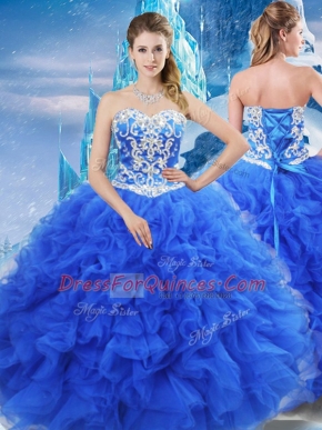 Smart Sweetheart Sleeveless Vestidos de Quinceanera Floor Length Beading and Ruffles Blue Organza
