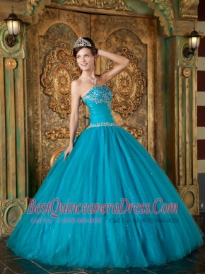 Teal A-Line / Princess Sweetheart Floor-length Beading Tulle  Quinceanera Dress