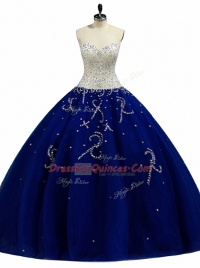 Royal Blue Lace Up Quinceanera Dress Beading Sleeveless Floor Length