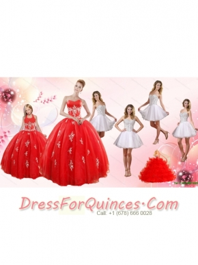 Red Ball Gown Appliques Quinceanera Dress and Short Beading White Dresses and Red Halter Top Little Girl Dress