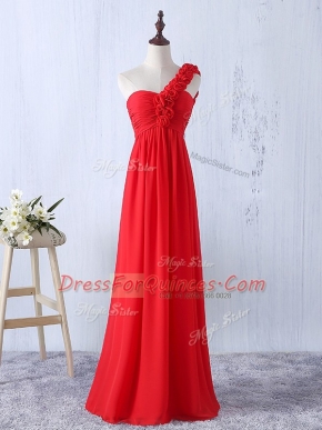 Sleeveless Floor Length Hand Made Flower Lace Up Quinceanera Court of Honor Dress with Red