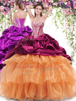 Fashionable Multi-color Sleeveless With Train Beading and Ruffled Layers and Pick Ups Lace Up Quince Ball Gowns