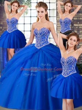 Noble Royal Blue Tulle Lace Up Quinceanera Dresses Sleeveless Brush Train Beading and Pick Ups