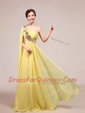 Chiffon One Shoulder Sleeveless Sweep Train Zipper Appliques and Ruching Prom Dresses in Light Yellow