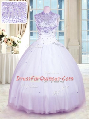 Glittering Sleeveless Tulle Floor Length Zipper Quinceanera Gowns in Lavender with Beading