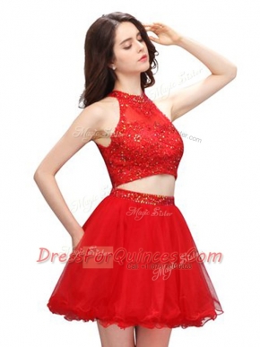Pretty Coral Red Zipper High-neck Beading Organza Sleeveless