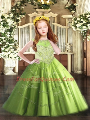 High End Tulle Zipper Scoop Sleeveless Floor Length Kids Formal Wear Beading and Appliques