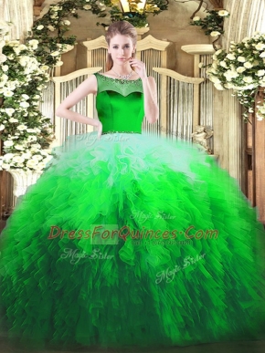 Fantastic Multi-color Tulle Zipper Scoop Sleeveless Floor Length 15th Birthday Dress Beading and Ruffles